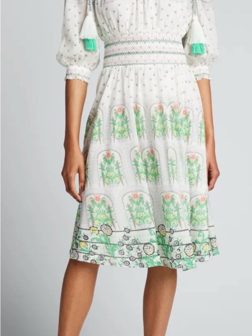 ALICE + OLIVIA Off-Shoulder Smocked Dress with Green Floral Print (Small petite) - Picture 16 of 16